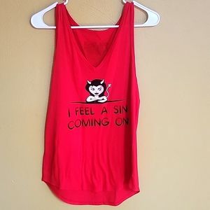 Red v-neck tank "I feel a sin coming on" Large